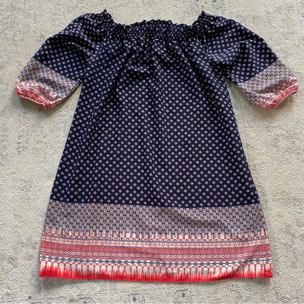 Aqua Off Shoulder Mini Dress Half Sleeve Small-Medium Navy Blue Red